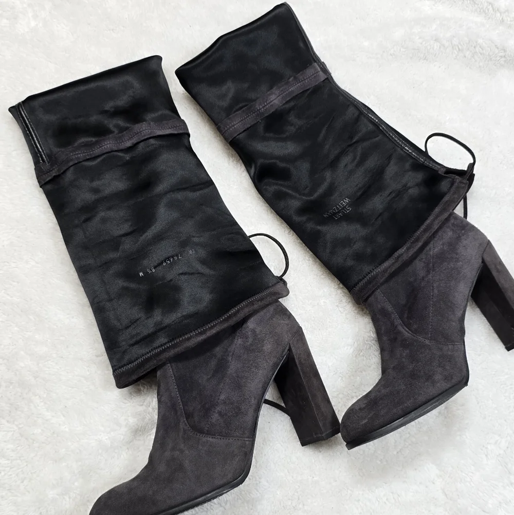 Stuart Weitzman Highland Gray Suede Over-The-Knee OTK Block Heel Boots 8.5